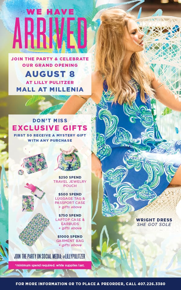 Come celebrate the Lilly Pulitzer Mall at Millenia Grand Opening on August 8th in Orlando! There will be sips, sweets, and Lilly prints galore. Come celebrate the Lilly Pulitzer Mall at Millenia Grand Opening on August 8th in Orlando! There will be sips, sweets, and Lilly prints galore.