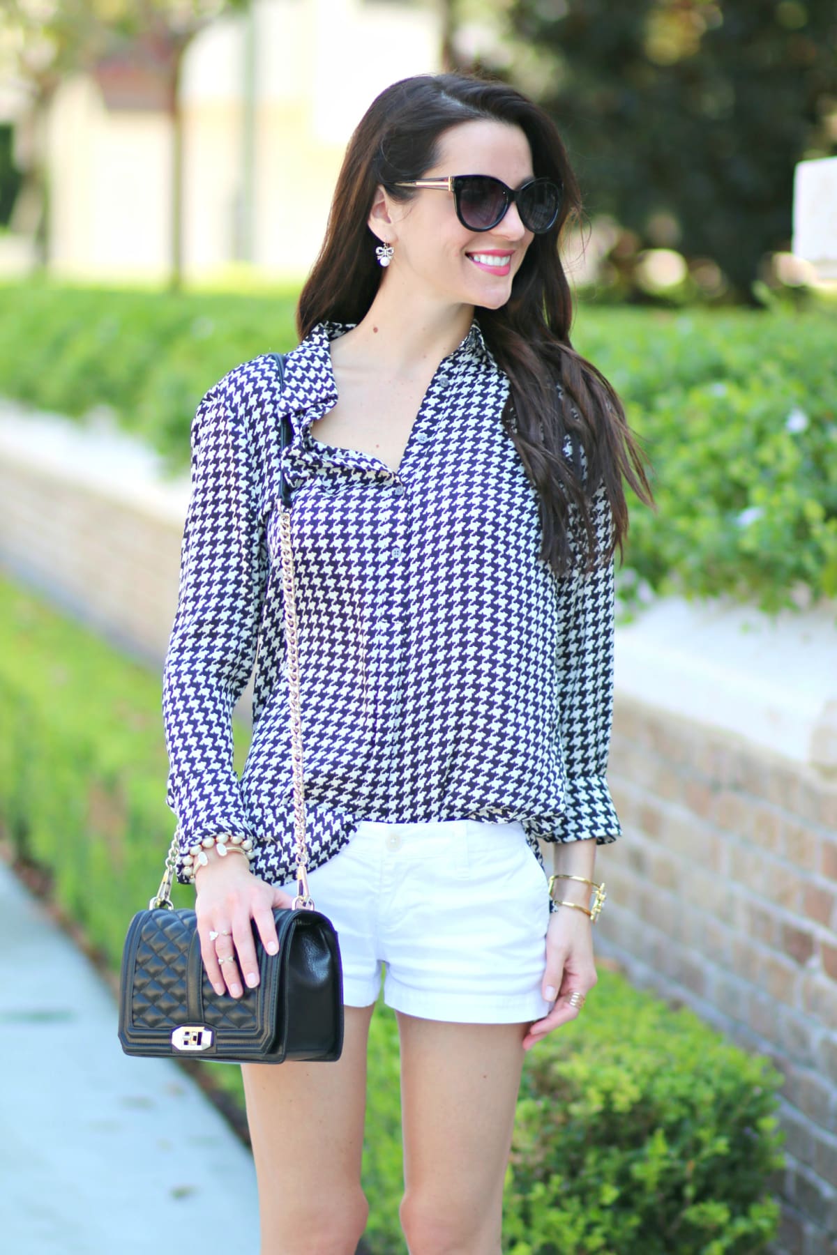 Ralph Lauren houndstooth blouse with white shorts and gold-dipped Rockport flats Ralph Lauren houndstooth blouse with white shorts and gold-dipped Rockport flats