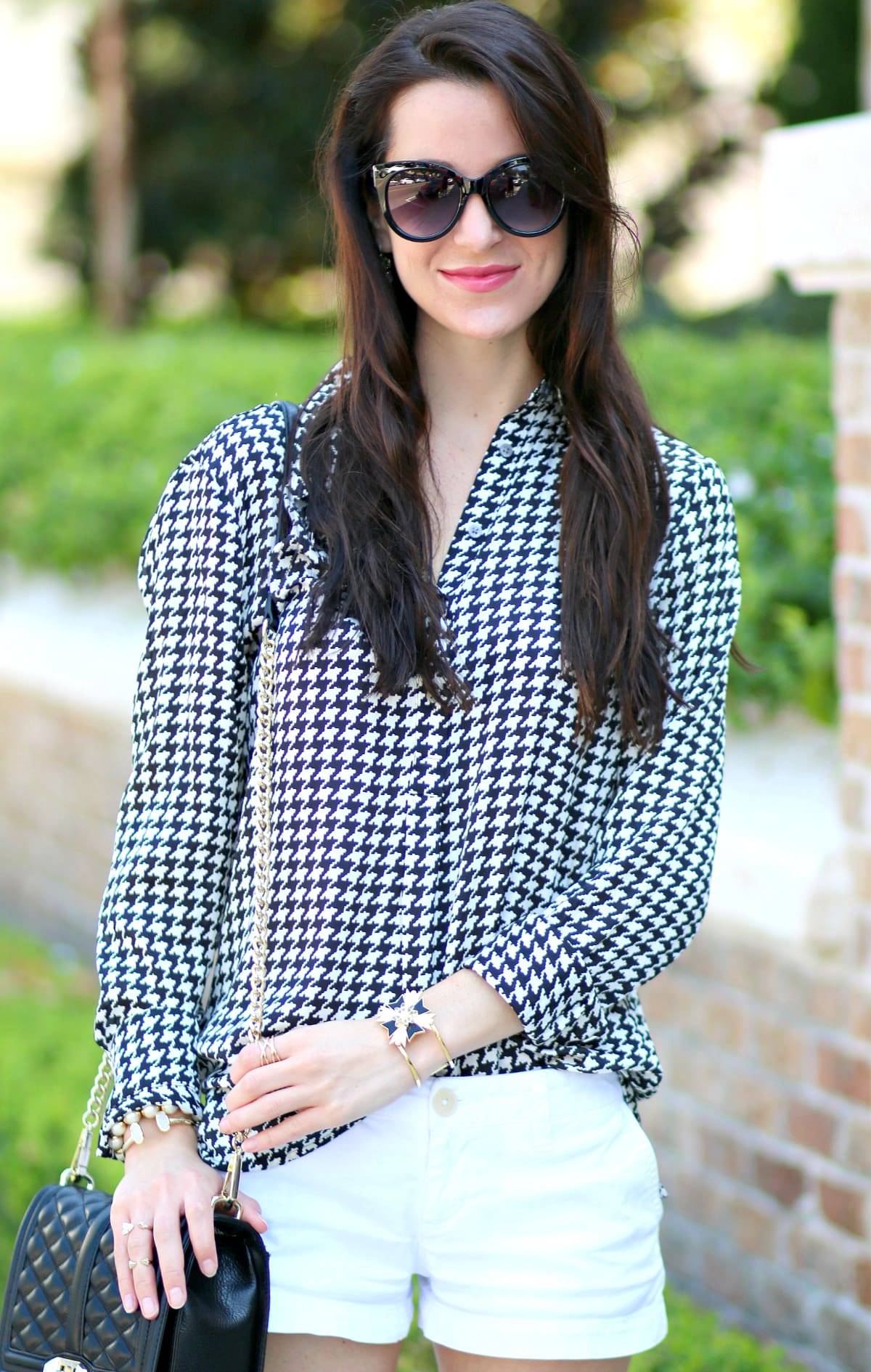 Ralph Lauren houndstooth blouse with white shorts and gold-dipped Rockport flats Ralph Lauren houndstooth blouse with white shorts and gold-dipped Rockport flats