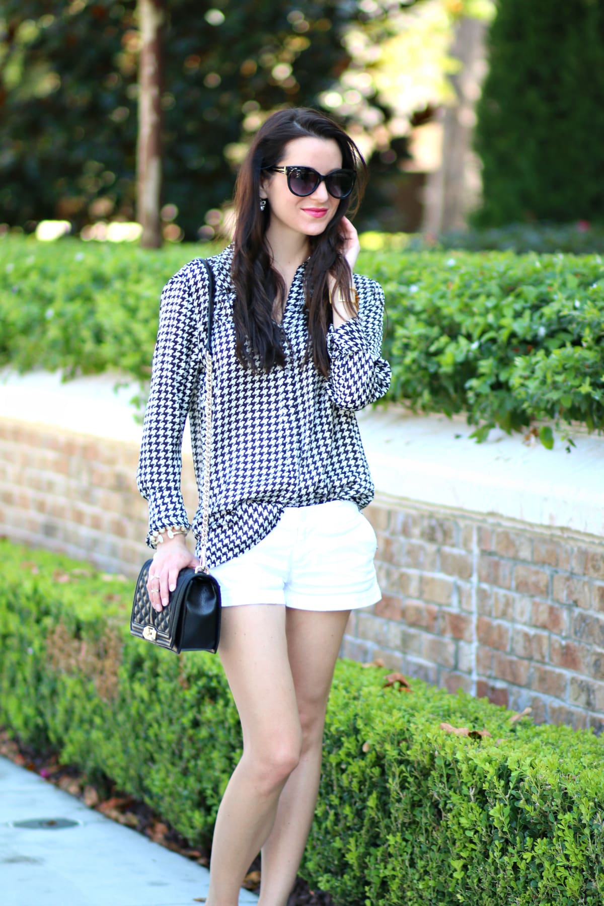 Ralph Lauren houndstooth blouse with white shorts and gold-dipped Rockport flats Ralph Lauren houndstooth blouse with white shorts and gold-dipped Rockport flats