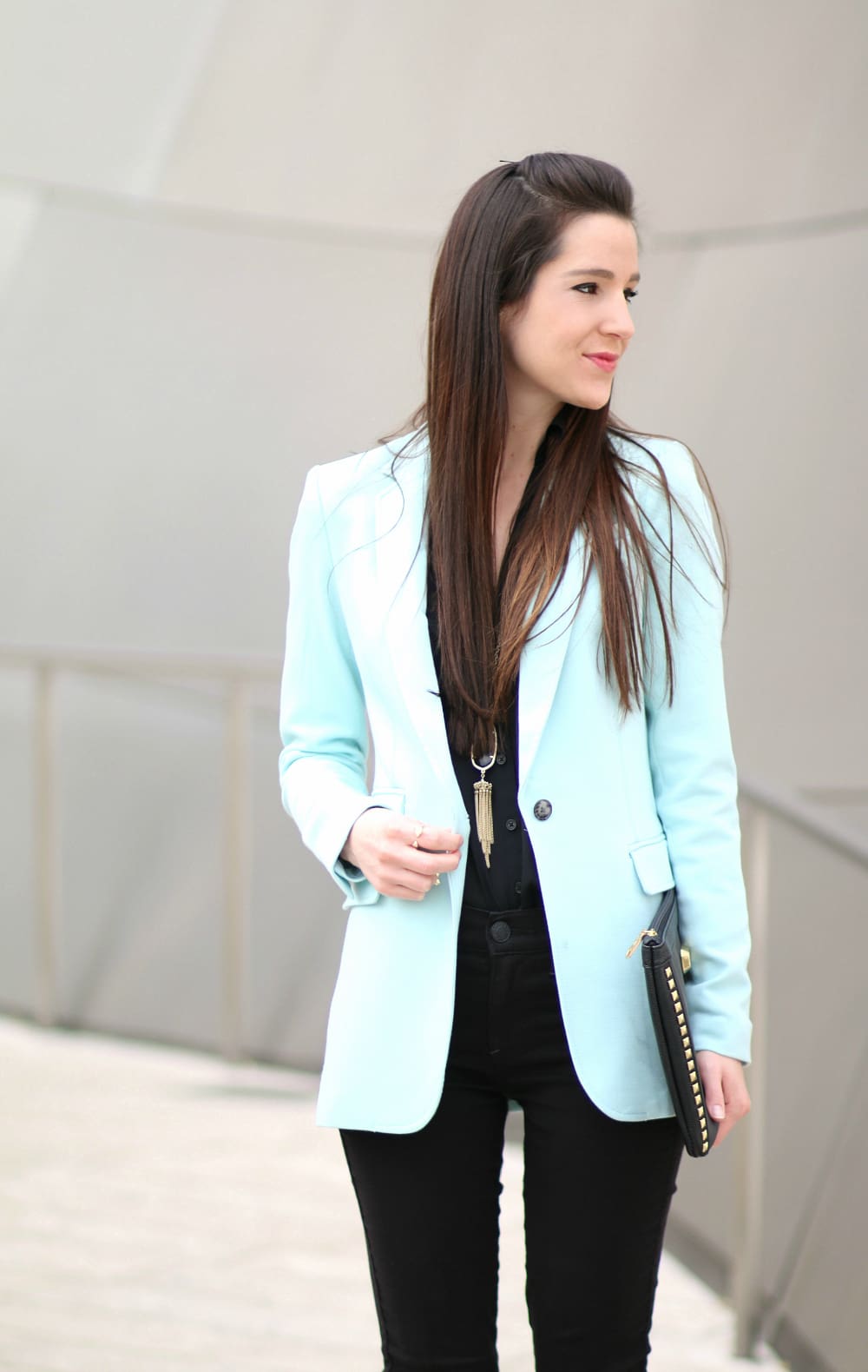 turquoise blazer, mint blazer, black and mint outfit, Banana Republic blazer, Stephanie Ziajka, Diary of a Debutante