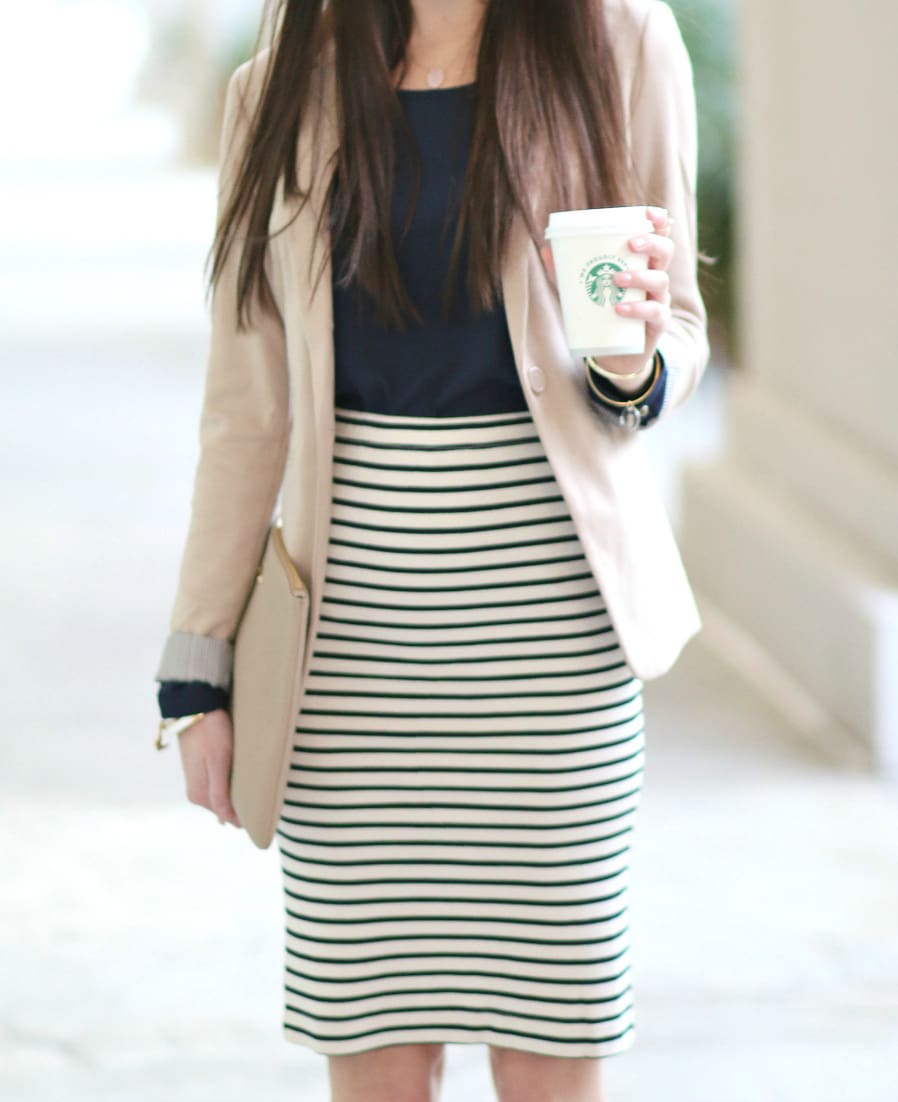 Pink Hair Bow, Navy Striped Skirt, Khaki Blazer, Affordable Work Outfits, Stephanie Ziajka, Diary of a Debutante