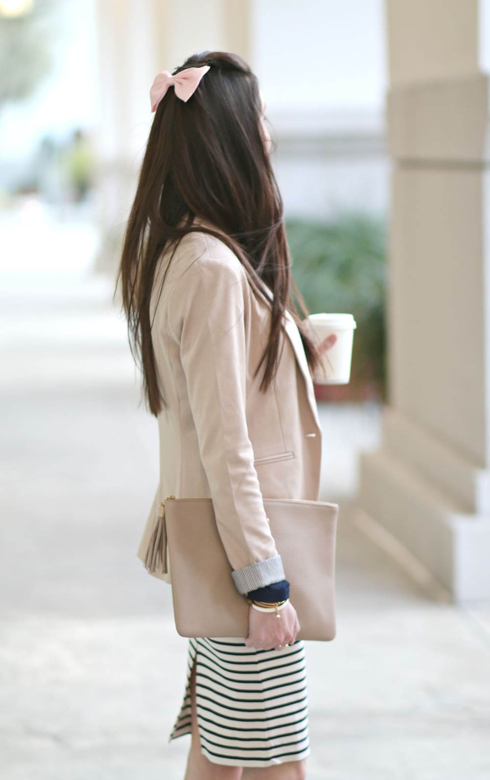 Pink Hair Bow, Navy Striped Skirt, Khaki Blazer, Affordable Work Outfits, Stephanie Ziajka, Diary of a Debutante