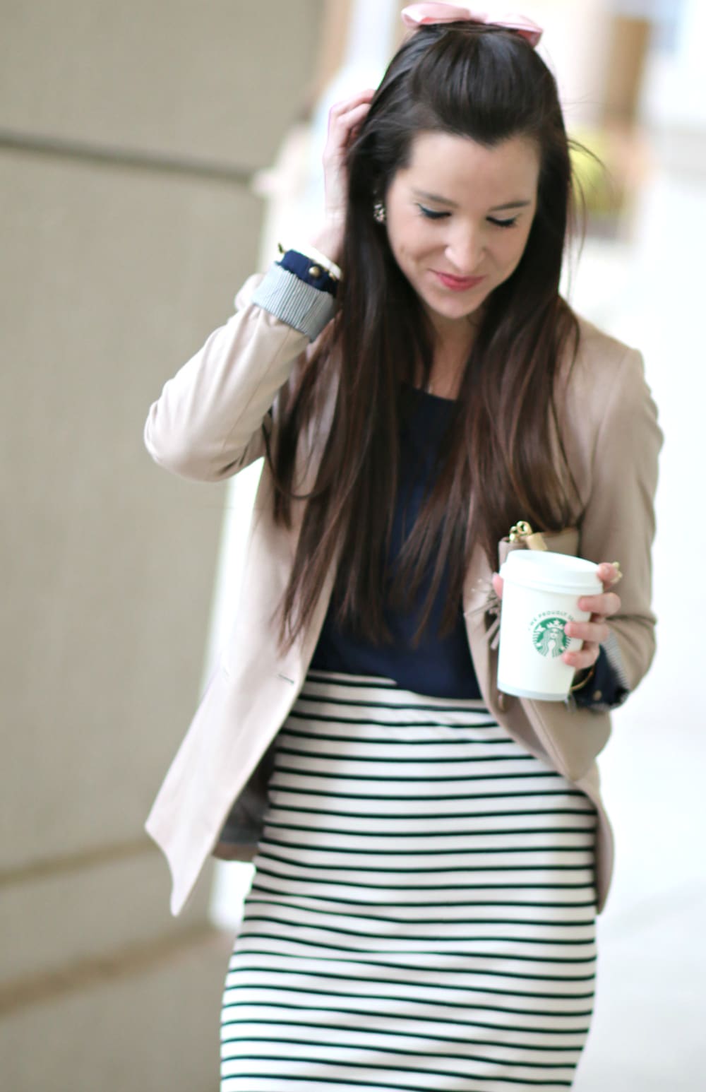 Pink Hair Bow, Navy Striped Skirt, Khaki Blazer, Affordable Work Outfits, Stephanie Ziajka, Diary of a Debutante