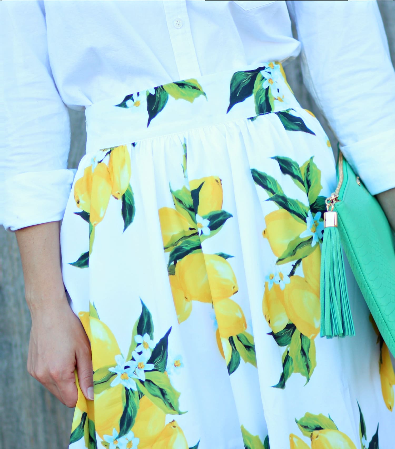 Zaful lemon print skirt with a white J.Crew Factory oxford and kelly green clutch