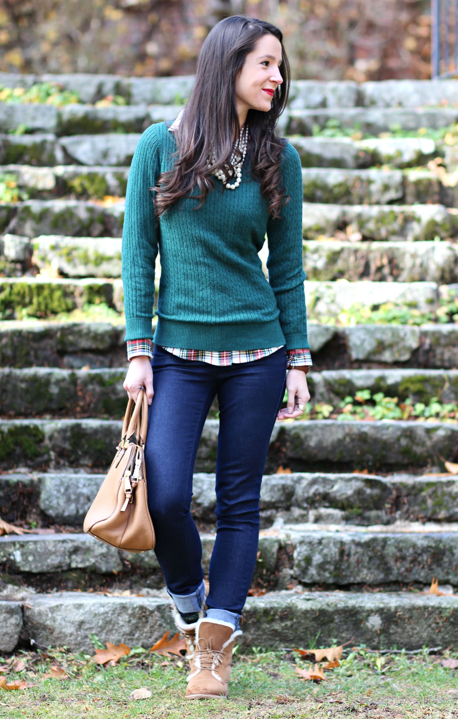 Green LLBean sweater outfit with chestnut Quincy UGG boots