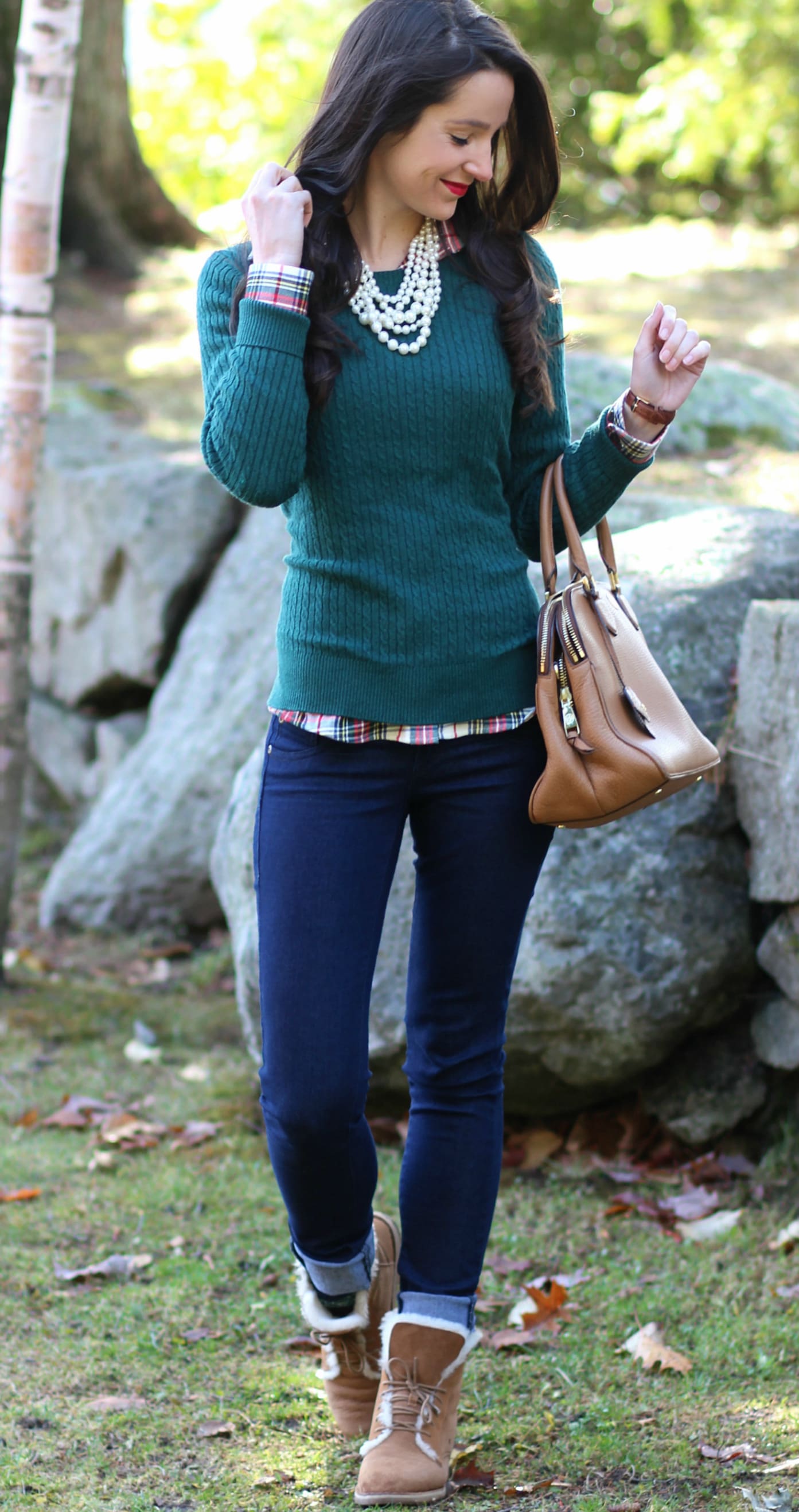Green LLBean sweater outfit with chestnut Quincy UGG boots