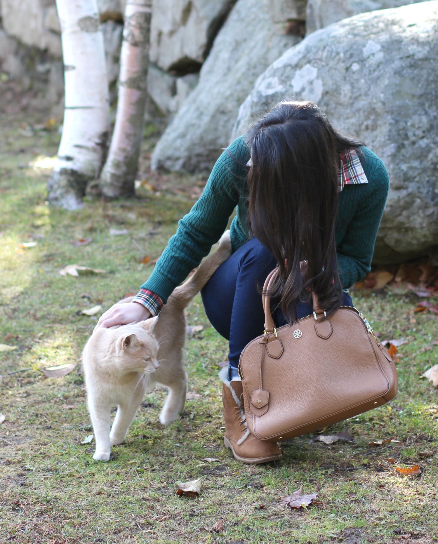 Green LLBean sweater outfit with chestnut Quincy UGG boots