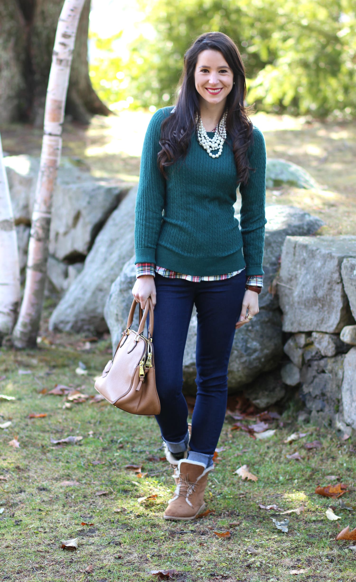 Green LLBean sweater outfit with chestnut Quincy UGG boots