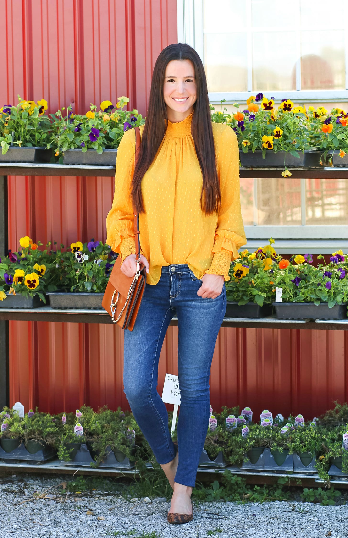 English Factory marigold swiss dot blouse with victorian collar, AG The Legging raw hem ankle skinny jeans, leopard flats, and brown Chloe Faye dupe bag | How to wear a victorian collar casually for fall by fashion blogger Stephanie Ziajka from Diary of a Debutante