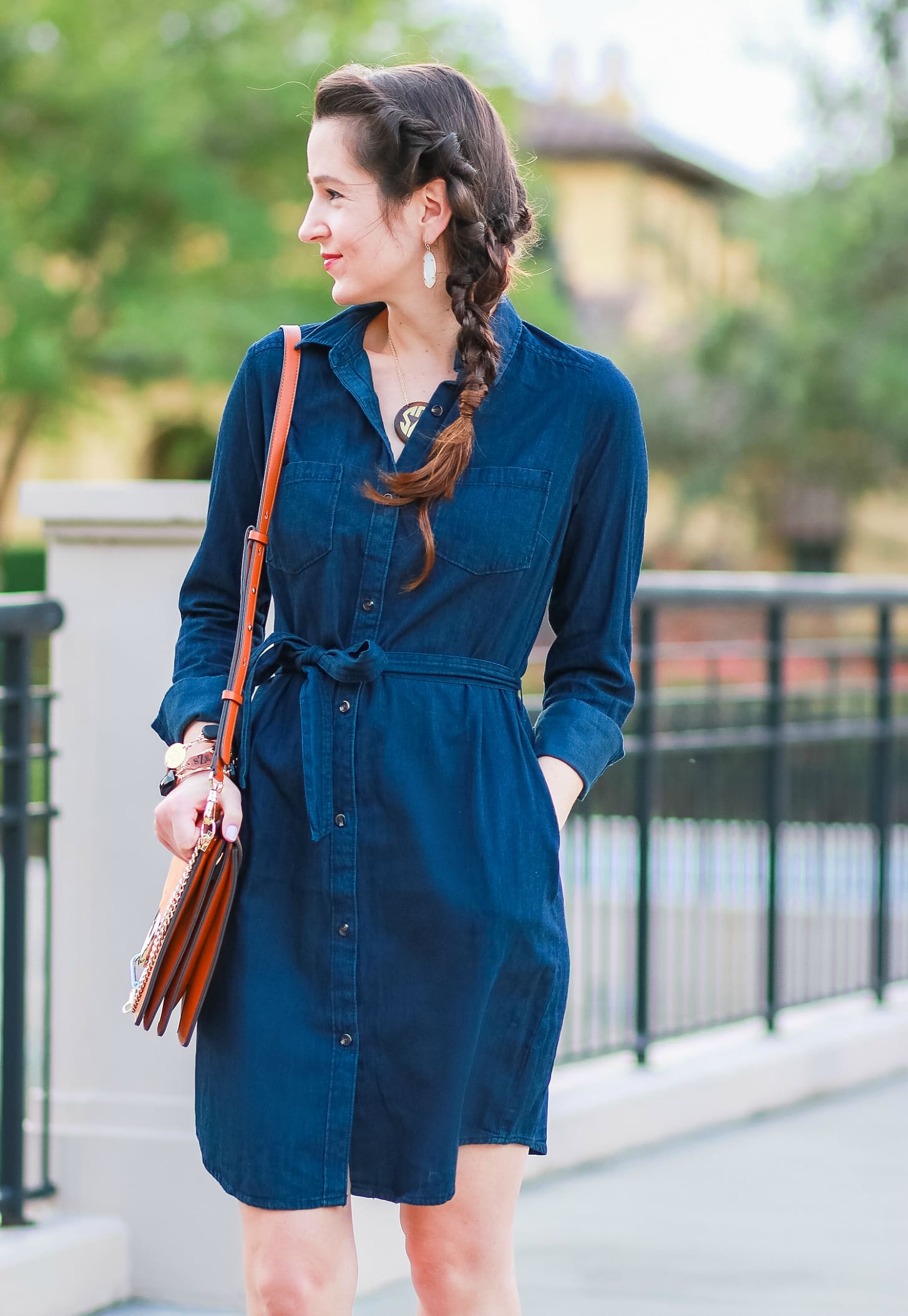 Cute casual tailgating outfit and easy side braid hairstyle | Twisted side braid hair tutorial | Target denim shirt dress with cognac booties, a Chleo Faye lookalike bag, and monogrammed jewelry | Fall Hairstyle to Try: Simple Twisted Side Braid from Hair Cuttery by southern blogger Stephanie Ziajka from Diary of a Debutante Cute casual tailgating outfit and easy side braid hairstyle | Twisted side braid hair tutorial | Target denim shirt dress with cognac booties, a Chleo Faye lookalike bag, and monogrammed jewelry | Fall Hairstyle to Try: Simple Twisted Side Braid from Hair Cuttery by southern blogger Stephanie Ziajka from Diary of a Debutante