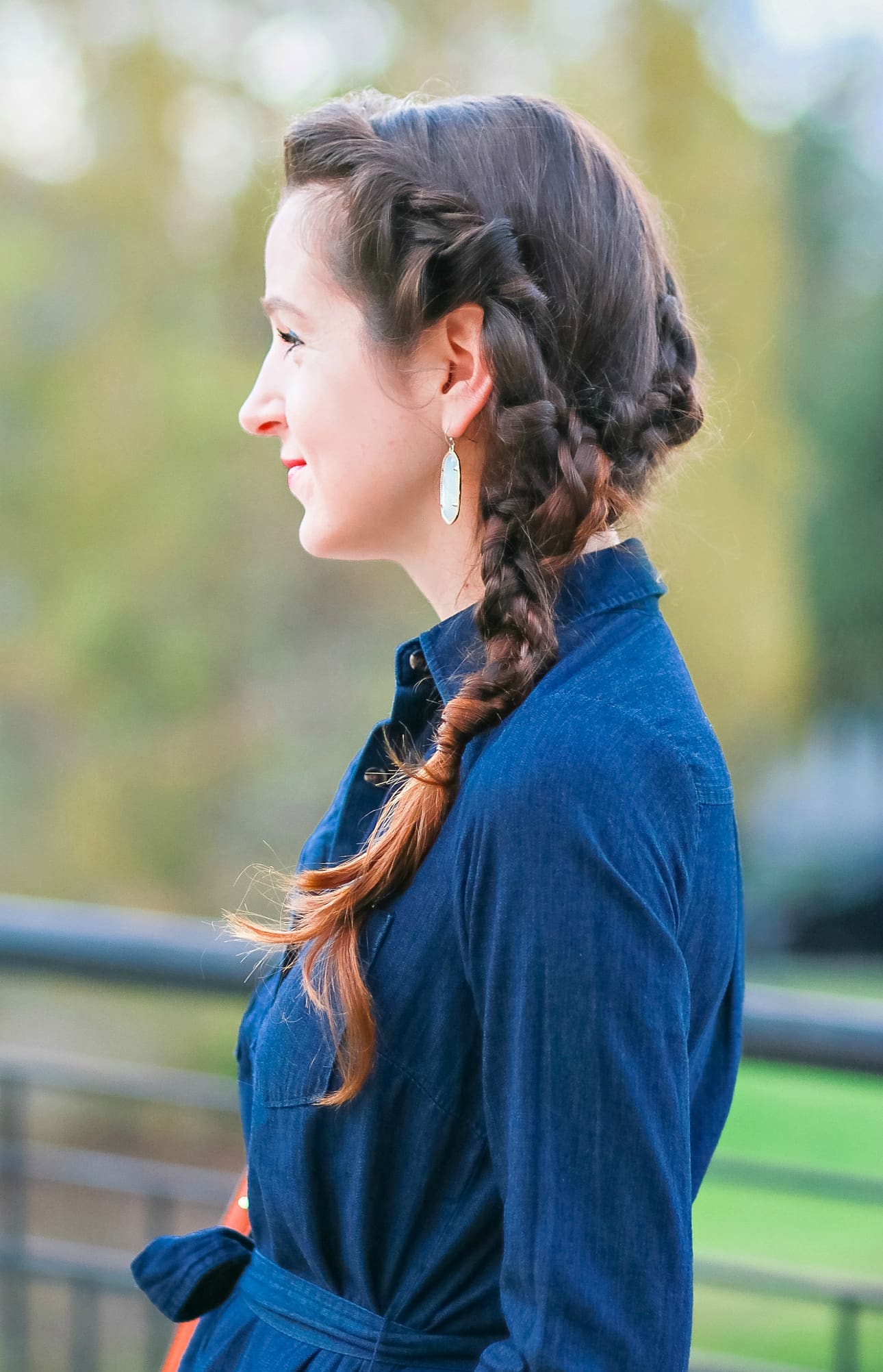 Cute casual tailgating outfit and easy side braid hairstyle | Twisted side braid hair tutorial | Target denim shirt dress with cognac booties, a Chleo Faye lookalike bag, and monogrammed jewelry | Fall Hairstyle to Try: Simple Twisted Side Braid from Hair Cuttery by southern blogger Stephanie Ziajka from Diary of a Debutante Cute casual tailgating outfit and easy side braid hairstyle | Twisted side braid hair tutorial | Target denim shirt dress with cognac booties, a Chleo Faye lookalike bag, and monogrammed jewelry | Fall Hairstyle to Try: Simple Twisted Side Braid from Hair Cuttery by southern blogger Stephanie Ziajka from Diary of a Debutante