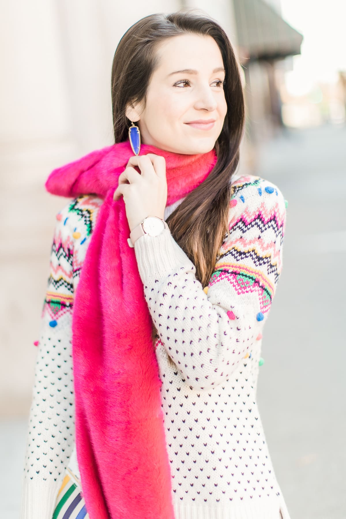 Colorful Christmas sweater ideas from Talbots, featuring their Carnival Fair Isle Sweater, Pink Faux Fur Pull Through Scarf, and Canvas Stripe Makeup Pouch styled with AG the Legging ankle jeans, taupe Free People Liberty boots, and cognac Kendra Scott Skylar earrings by southern fashion blogger Stephanie Ziajka from Diary of a Debutante Colorful Christmas sweater ideas from Talbots, featuring their Carnival Fair Isle Sweater, Pink Faux Fur Pull Through Scarf, and Canvas Stripe Makeup Pouch styled with AG the Legging ankle jeans, taupe Free People Liberty boots, and cognac Kendra Scott Skylar earrings by southern fashion blogger Stephanie Ziajka from Diary of a Debutante