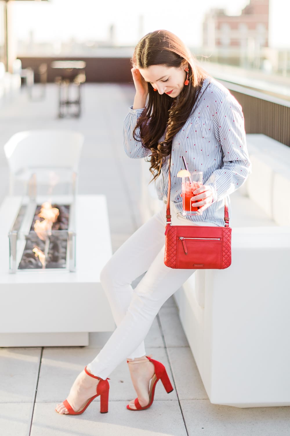 Currently Wearing: Blue Stripes and Red Fashion Accessories by Stephanie Ziajka from the affordable fashion and southern lifestyle blog Diary of a Debutante, Old Navy blue stripe button front top styled with white skinny jeans, and red accessories like red block heel sandals and a red Vera Bradley Carryall Small Crossbody bag, red dress accessories, red fashion jewelry Currently Wearing: Blue Stripes and Red Fashion Accessories by Stephanie Ziajka from the affordable fashion and southern lifestyle blog Diary of a Debutante, Old Navy blue stripe button front top styled with white skinny jeans, and red accessories like red block heel sandals and a red Vera Bradley Carryall Small Crossbody bag, red dress accessories, red fashion jewelry