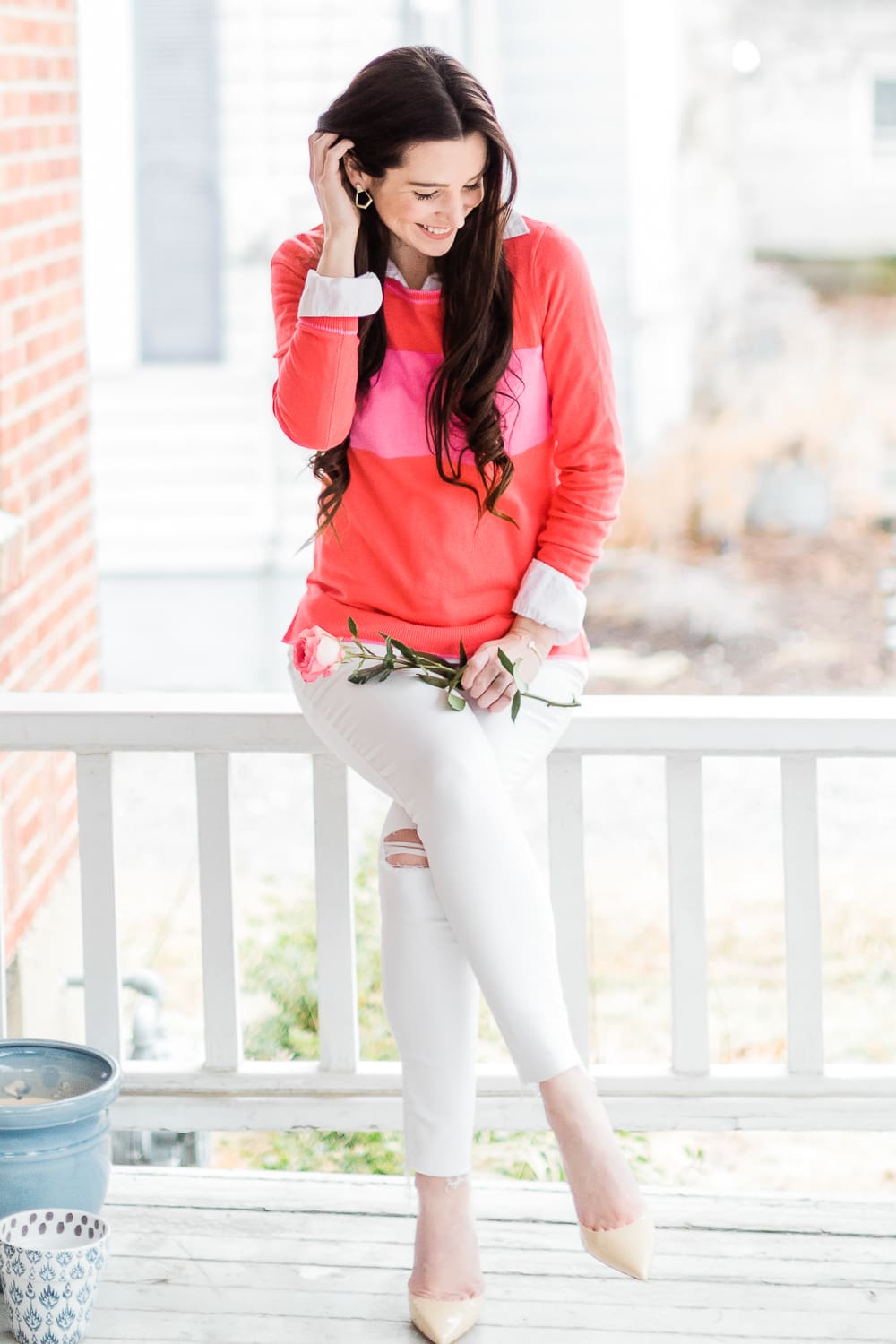 The Perfect Old Navy Crewneck Sweater for Valentine's Day Weekend by Stephanie Ziajka from the popular affordable fashion blog Diary of a Debutante, Old Navy pink stripe crew-neck sweater for women, Kendra Scott Spring 2019 new arrivals, pink stripe crewneck sweater styled over a J. Crew Factory relaxed white oxford with white distressed Levi skinny jeans and natural M. Gemi The Cammeo pumps The Perfect Old Navy Crewneck Sweater for Valentine's Day Weekend by Stephanie Ziajka from the popular affordable fashion blog Diary of a Debutante, Old Navy pink stripe crew-neck sweater for women, Kendra Scott Spring 2019 new arrivals, pink stripe crewneck sweater styled over a J. Crew Factory relaxed white oxford with white distressed Levi skinny jeans and natural M. Gemi The Cammeo pumps