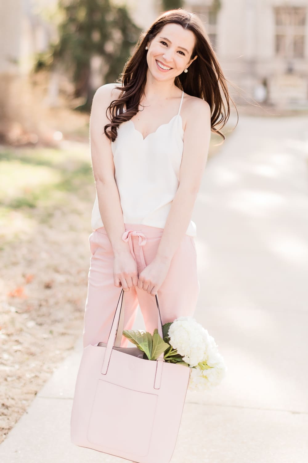 How to Style Chino Pants for Date Night by popular affordable fashion blogger Stephanie Ziajka from Diary of a Debutante, how to wear chino pants, Old Navy Pull-On Anytime Chinos for Women, J.Crew Factory Scalloped Cami Top, Walmart Time and Tru Leigh Tote