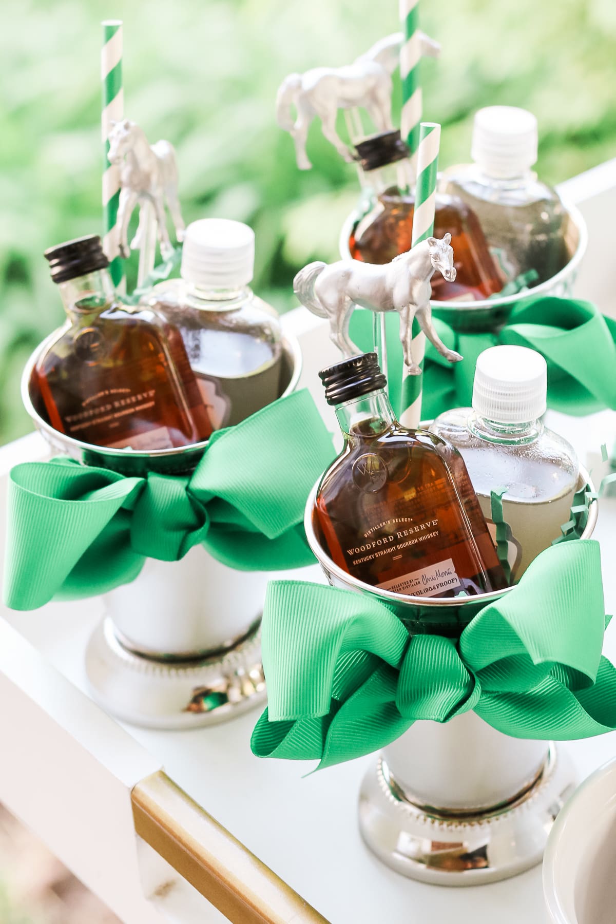 Derby Day Party Favor: DIY Mint Julep Kit by Stephanie Ziajka from the popular southern lifestyle blog Diary of a Debutante, mint julep gift set, cute Derby Day party favors, cute Kentucky Derby gift ideas, mini bottles of woodford reserve bourbon, homemade mint simple syrup
