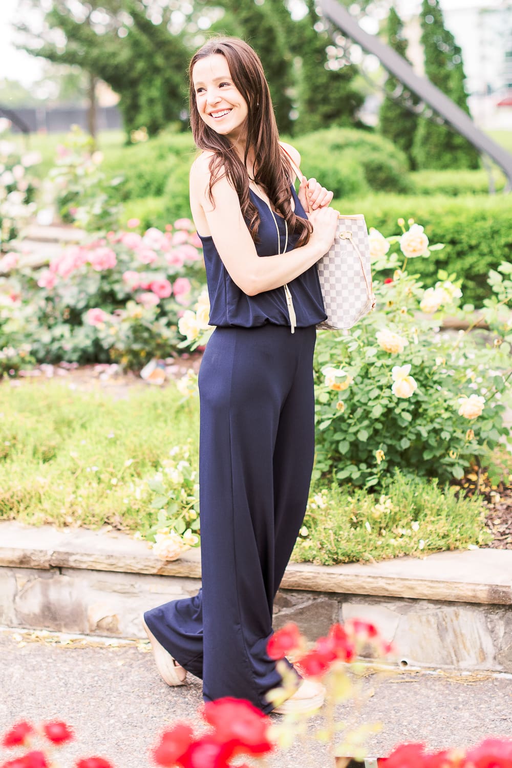 Summer Style Guide: How to Wear a Jumpsuit Casually by popular affordable fashion blogger Stephanie Ziajka from Diary of a Debutante, how to style navy jumpsuit, best shoes to wear with a jumpsuit, navy URBAN K Women's Racerback Jumpsuit, Louis Vuitton Neverfull Dupe Bag, Kendra Scott Phara Necklace Summer Style Guide: How to Wear a Jumpsuit Casually by popular affordable fashion blogger Stephanie Ziajka from Diary of a Debutante, how to style navy jumpsuit, best shoes to wear with a jumpsuit, navy URBAN K Women's Racerback Jumpsuit, Louis Vuitton Neverfull Dupe Bag, Kendra Scott Phara Necklace