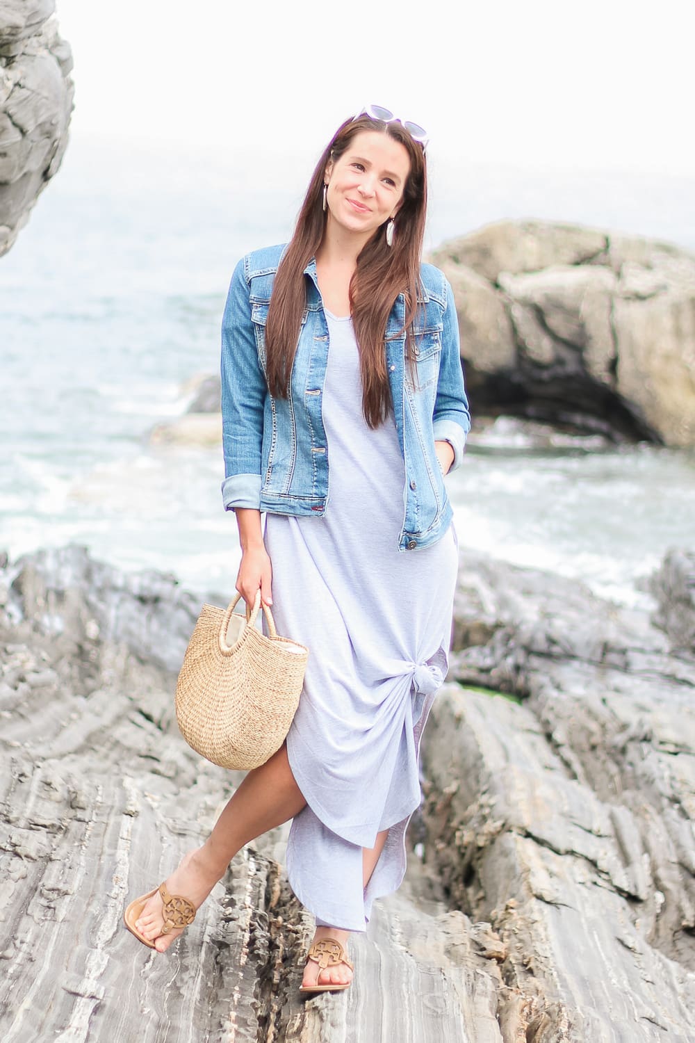 Amazon Fashion split hem gray maxi dress styled with Wranglers Authentic stretch denim jacket, Amazon Fashion round handle straw handbag, sand Tory Burch Miller Sandals and white cat eye sunglasses by popular affordable fashion blogger Stephanie Ziajka on Diary of a Debutante, Pemaquid Point photos, dress with denim jacket, denim jacket maxi dress, how to wear a denim jacket Amazon Fashion split hem gray maxi dress styled with Wranglers Authentic stretch denim jacket, Amazon Fashion round handle straw handbag, sand Tory Burch Miller Sandals and white cat eye sunglasses by popular affordable fashion blogger Stephanie Ziajka on Diary of a Debutante, Pemaquid Point photos, dress with denim jacket, denim jacket maxi dress, how to wear a denim jacket