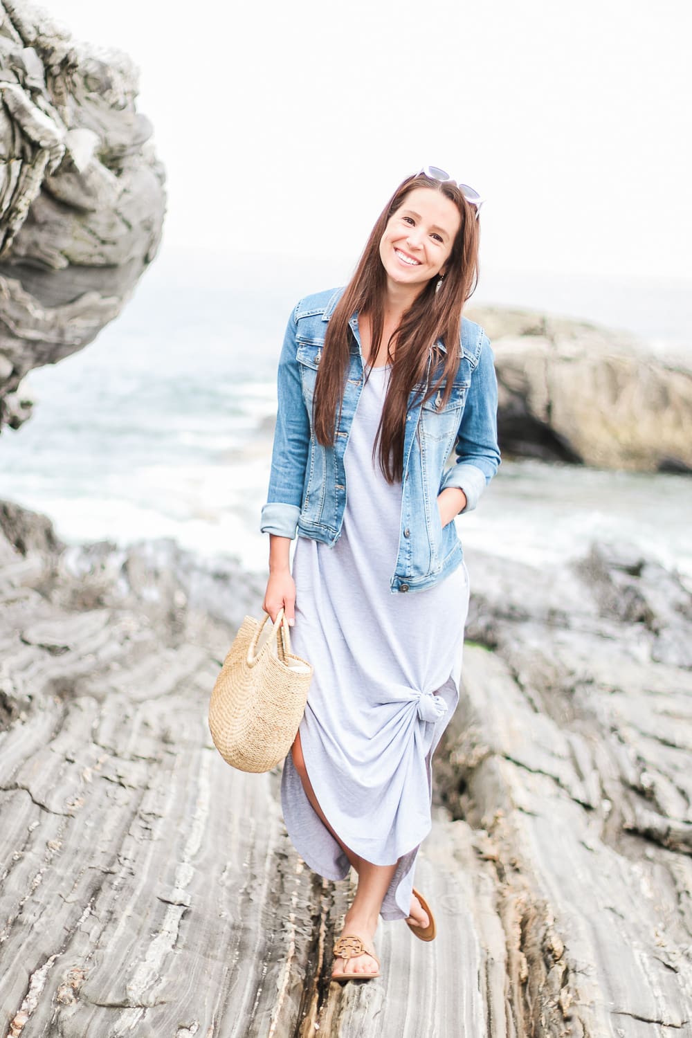 Amazon Fashion split hem gray maxi dress styled with Wranglers Authentic stretch denim jacket, Amazon Fashion round handle straw handbag, sand Tory Burch Miller Sandals and white cat eye sunglasses by popular affordable fashion blogger Stephanie Ziajka on Diary of a Debutante, Pemaquid Point photos, dress with denim jacket, denim jacket maxi dress, how to wear a denim jacket Amazon Fashion split hem gray maxi dress styled with Wranglers Authentic stretch denim jacket, Amazon Fashion round handle straw handbag, sand Tory Burch Miller Sandals and white cat eye sunglasses by popular affordable fashion blogger Stephanie Ziajka on Diary of a Debutante, Pemaquid Point photos, dress with denim jacket, denim jacket maxi dress, how to wear a denim jacket