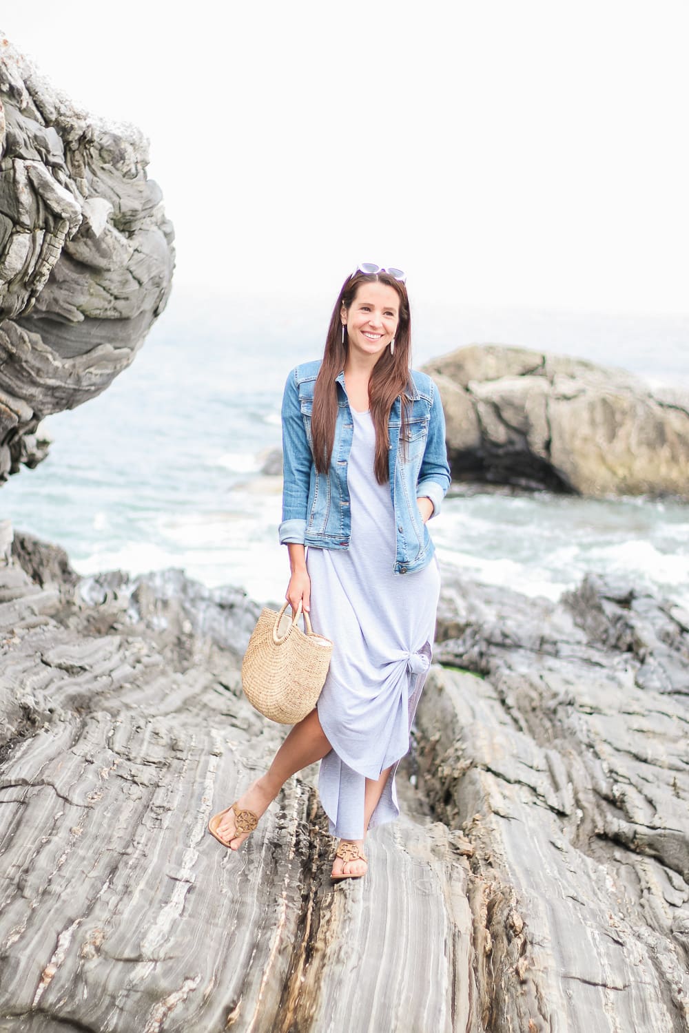 Amazon Fashion split hem gray maxi dress styled with Wranglers Authentic stretch denim jacket, Amazon Fashion round handle straw handbag, sand Tory Burch Miller Sandals and white cat eye sunglasses by popular affordable fashion blogger Stephanie Ziajka on Diary of a Debutante, Pemaquid Point photos, dress with denim jacket, denim jacket maxi dress, how to wear a denim jacket Amazon Fashion split hem gray maxi dress styled with Wranglers Authentic stretch denim jacket, Amazon Fashion round handle straw handbag, sand Tory Burch Miller Sandals and white cat eye sunglasses by popular affordable fashion blogger Stephanie Ziajka on Diary of a Debutante, Pemaquid Point photos, dress with denim jacket, denim jacket maxi dress, how to wear a denim jacket