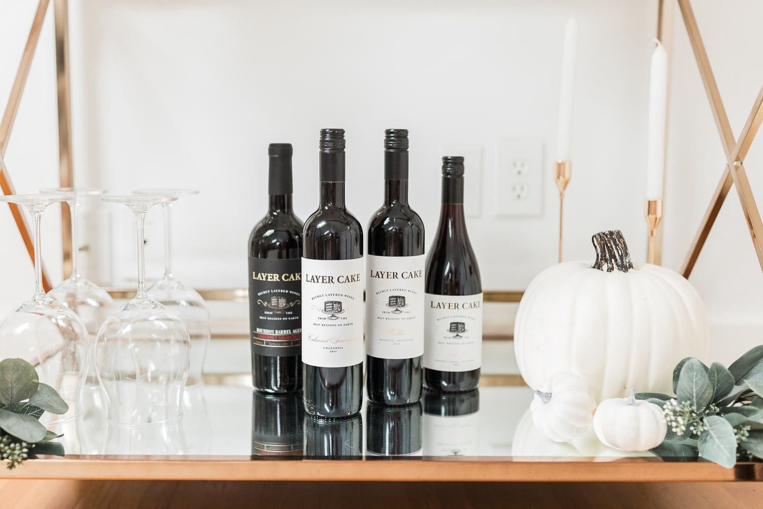 Layer Cake Cabernet Sauvignon, Layer Cake Malbec, Layer Cake Pinot Noir, and Layer Cake Bourbon Barrel Cabernet Sauvignon styled on a fall bar cart by blogger Stephanie Ziajka on Diary of a Debutante Layer Cake Cabernet Sauvignon, Layer Cake Malbec, Layer Cake Pinot Noir, and Layer Cake Bourbon Barrel Cabernet Sauvignon styled on a fall bar cart by blogger Stephanie Ziajka on Diary of a Debutante