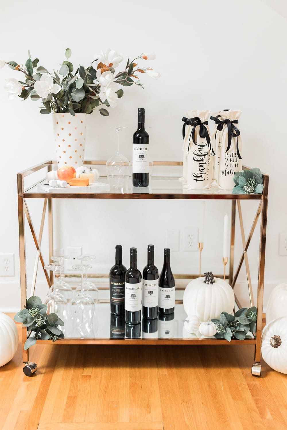Personalized wine gift bags styled on a fall bar cart by DIY blogger Stephanie Ziajka on Diary of a Debutante Personalized wine gift bags styled on a fall bar cart by DIY blogger Stephanie Ziajka on Diary of a Debutante