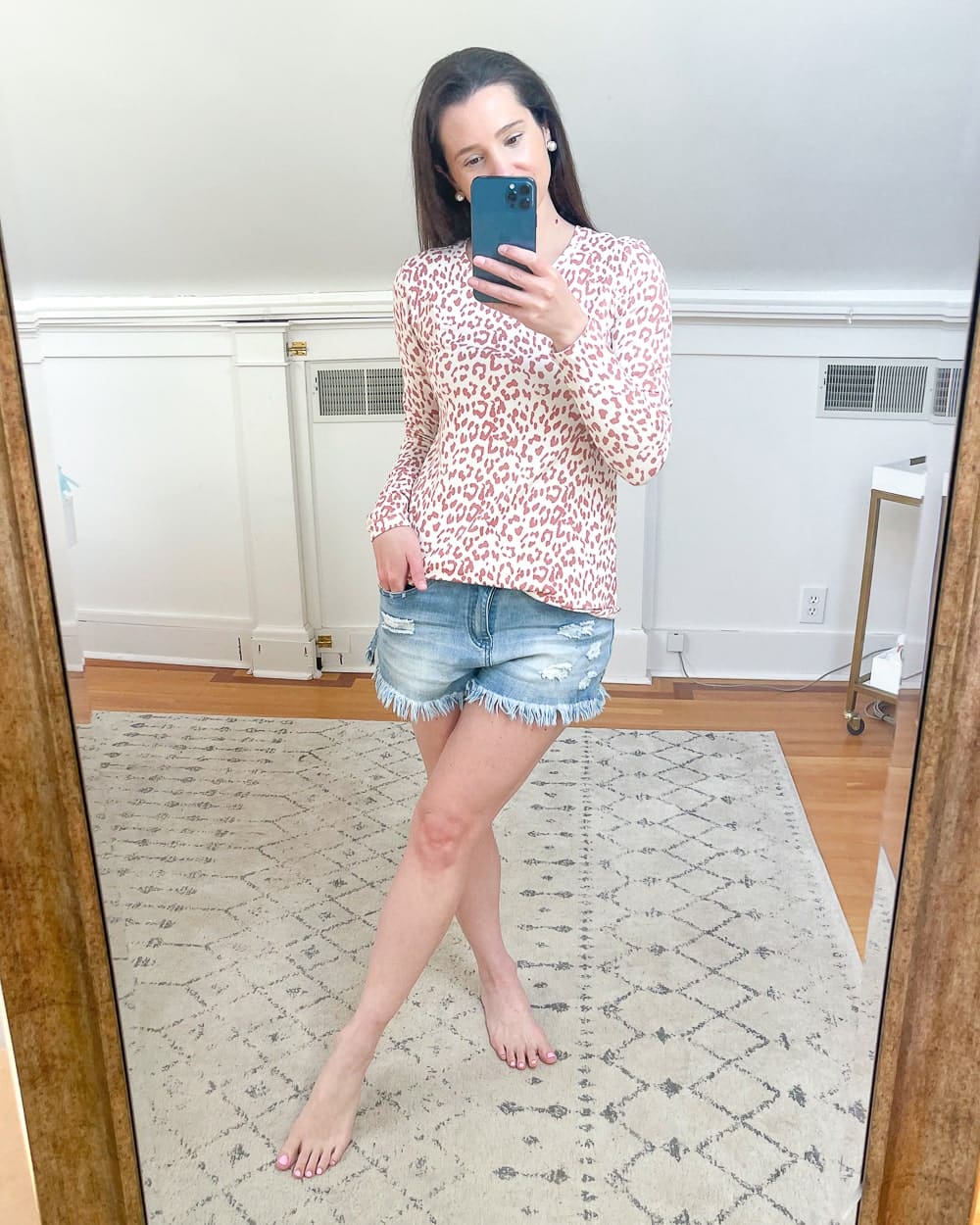 Amazon Daily Ritual Women's Supersoft Terry Long-Sleeve Shirt in white taupe leopard print worn by affordable fashion blogger Stephanie Ziajka on Diary of a Debutante