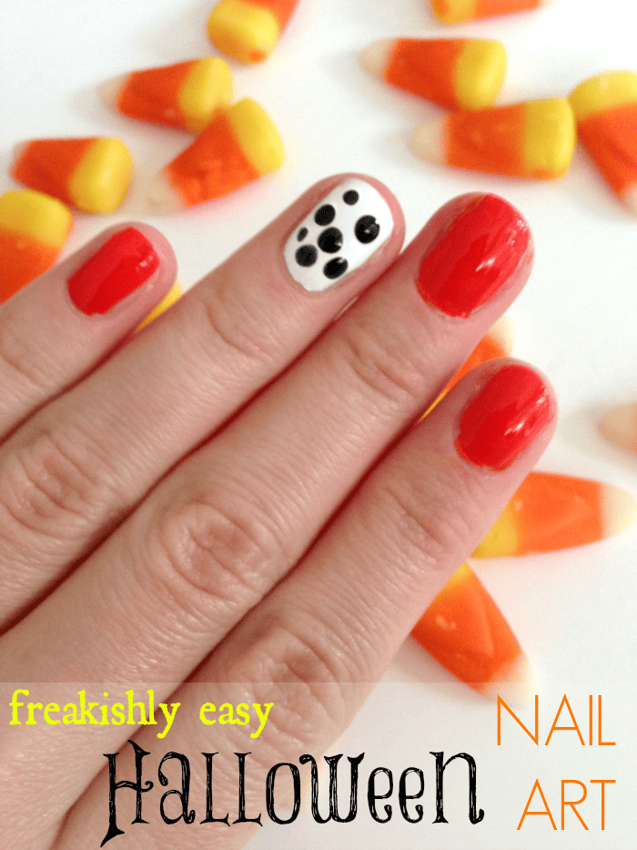 A freakishly simple Halloween nail art design featuring Sally Hansen Xtreme Wear Hot Tamale, OPI Black Onyx, and Sinful Colors Snow Me White polish A freakishly simple Halloween nail art design featuring Sally Hansen Xtreme Wear Hot Tamale, OPI Black Onyx, and Sinful Colors Snow Me White polish