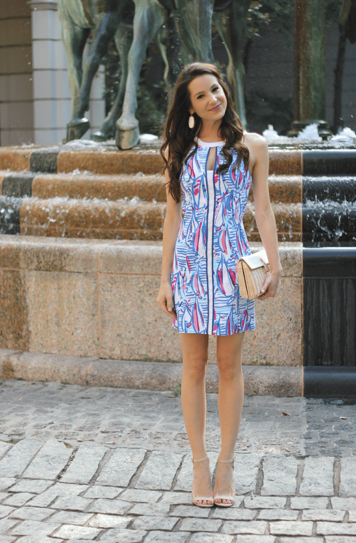 Lilly Pulitzer Pearl Shift Dress in Red Right Return styled by southern fashion blogger Stephanie Ziajka from Diary of a Debutante, Southern Blog Society Conference recap, Lilly Pulitzer shift dress, preppy Charleston outfit ideas, Kendra Scott Danielle Earrings in White Mother of Pearl, Talbots Wicker Pineapple Clutch