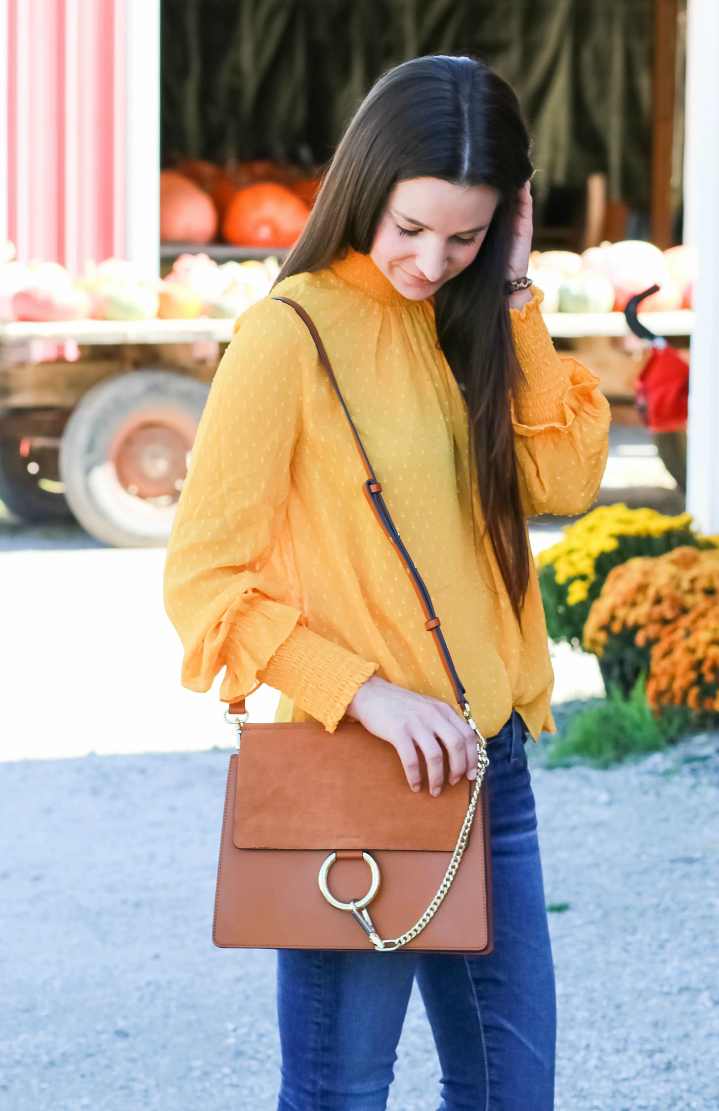 English Factory marigold swiss dot blouse with victorian collar, AG The Legging raw hem ankle skinny jeans, leopard flats, and brown Chloe Faye dupe bag | How to wear a victorian collar casually for fall by fashion blogger Stephanie Ziajka from Diary of a Debutante English Factory marigold swiss dot blouse with victorian collar, AG The Legging raw hem ankle skinny jeans, leopard flats, and brown Chloe Faye dupe bag | How to wear a victorian collar casually for fall by fashion blogger Stephanie Ziajka from Diary of a Debutante