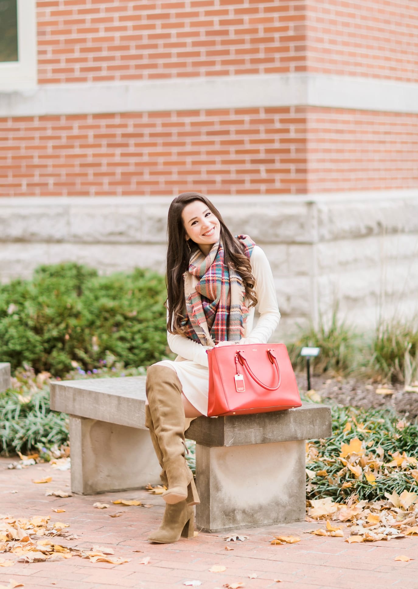 Beige cotton swing dress with tartan blanket scarf, Free People cognac OTK boots, red Ralph Lauren handbag, and Kendra Scott Sophee earrings | Casual holiday outfit idea | 10 tips for looking your best on camera | Tips for Looking Your Best in Holiday Photos from fashion blogger Stephanie Ziajka of Diary of a Debutante Beige cotton swing dress with tartan blanket scarf, Free People cognac OTK boots, red Ralph Lauren handbag, and Kendra Scott Sophee earrings | Casual holiday outfit idea | 10 tips for looking your best on camera | Tips for Looking Your Best in Holiday Photos from fashion blogger Stephanie Ziajka of Diary of a Debutante