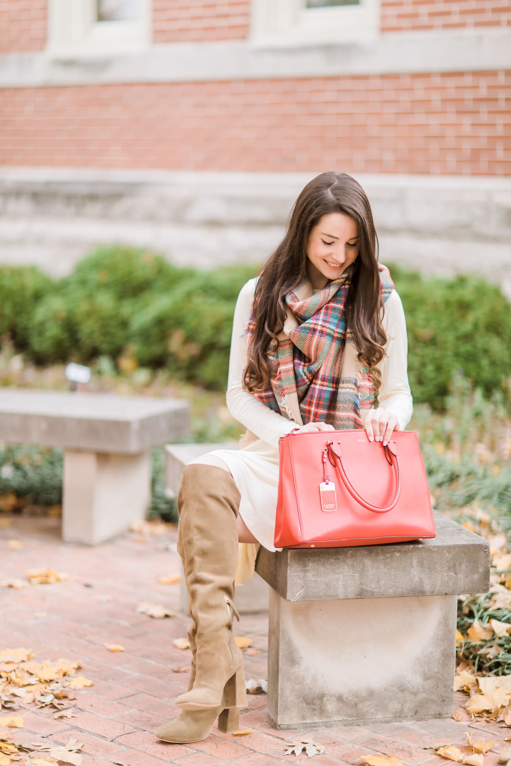 Beige cotton swing dress with tartan blanket scarf, Free People cognac OTK boots, red Ralph Lauren handbag, and Kendra Scott Sophee earrings | Casual holiday outfit idea | 10 tips for looking your best on camera | Tips for Looking Your Best in Holiday Photos from fashion blogger Stephanie Ziajka of Diary of a Debutante Beige cotton swing dress with tartan blanket scarf, Free People cognac OTK boots, red Ralph Lauren handbag, and Kendra Scott Sophee earrings | Casual holiday outfit idea | 10 tips for looking your best on camera | Tips for Looking Your Best in Holiday Photos from fashion blogger Stephanie Ziajka of Diary of a Debutante