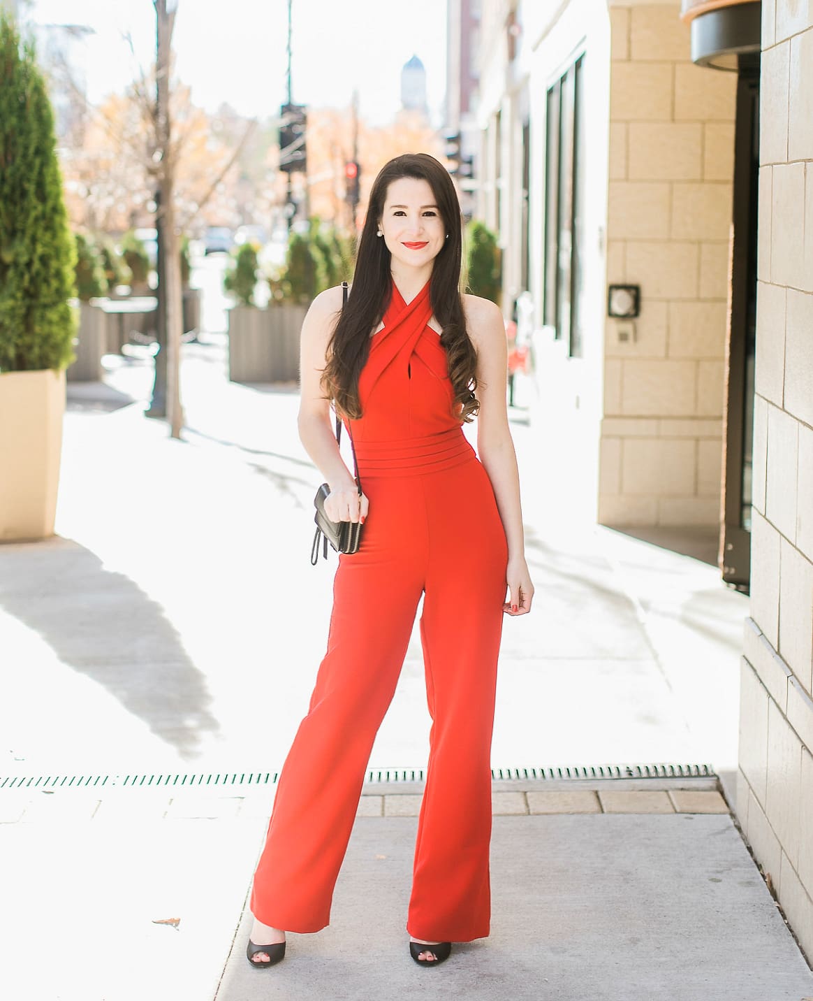 Adelyn Rae red dressy jumpsuit styled with a black Vera Bradley RFID All-in-One Crossbody bag and Nina Shoes peep toe sandals by southern fashion blogger Stephanie Ziajka from Diary of a Debutante Adelyn Rae red dressy jumpsuit styled with a black Vera Bradley RFID All-in-One Crossbody bag and Nina Shoes peep toe sandals by southern fashion blogger Stephanie Ziajka from Diary of a Debutante